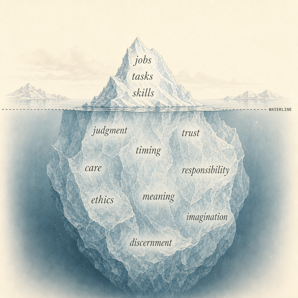 Iceberg diagram: the small visible tip above the waterline shows jobs, tasks, and skills, while the much larger hidden mass below holds judgment, trust, timing, care, responsibility, ethics, meaning, imagination, and discernment.