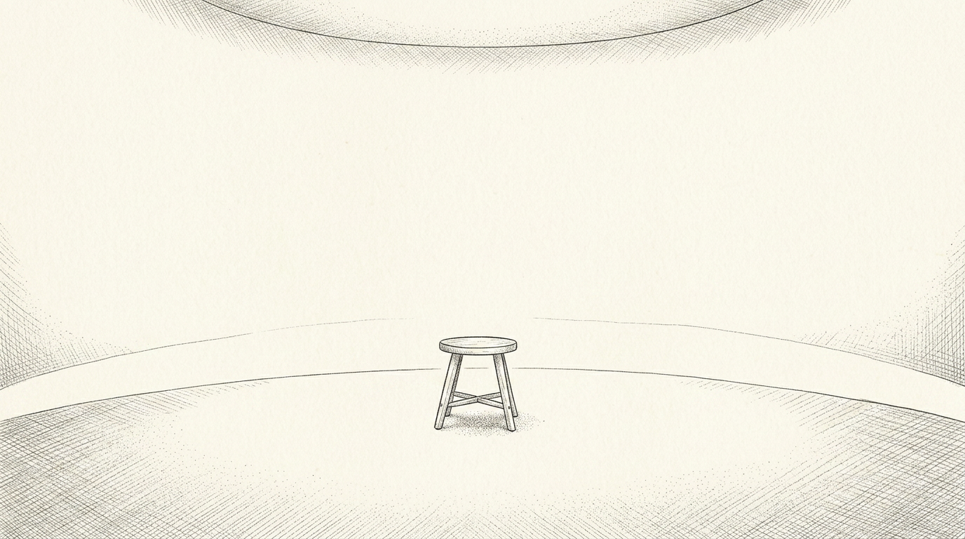 An empty green-screen cyclorama studio with a single wooden stool, softly lit.